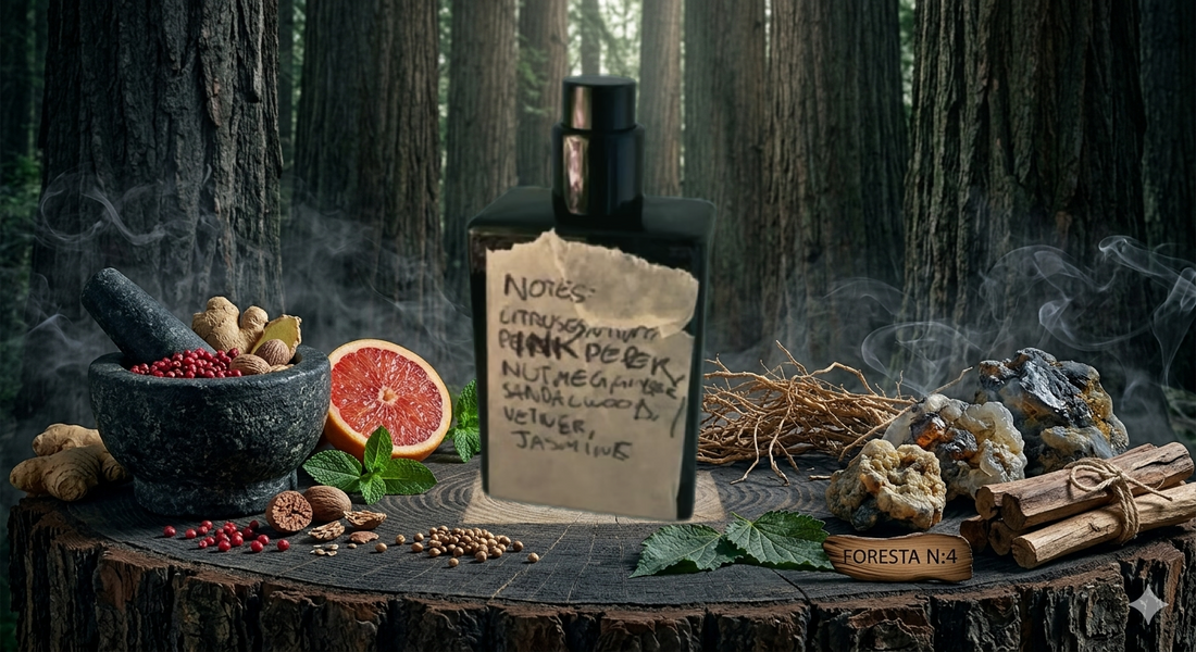 Buonodor No. 4 Foresta perfume bottle with spices and woodland elements